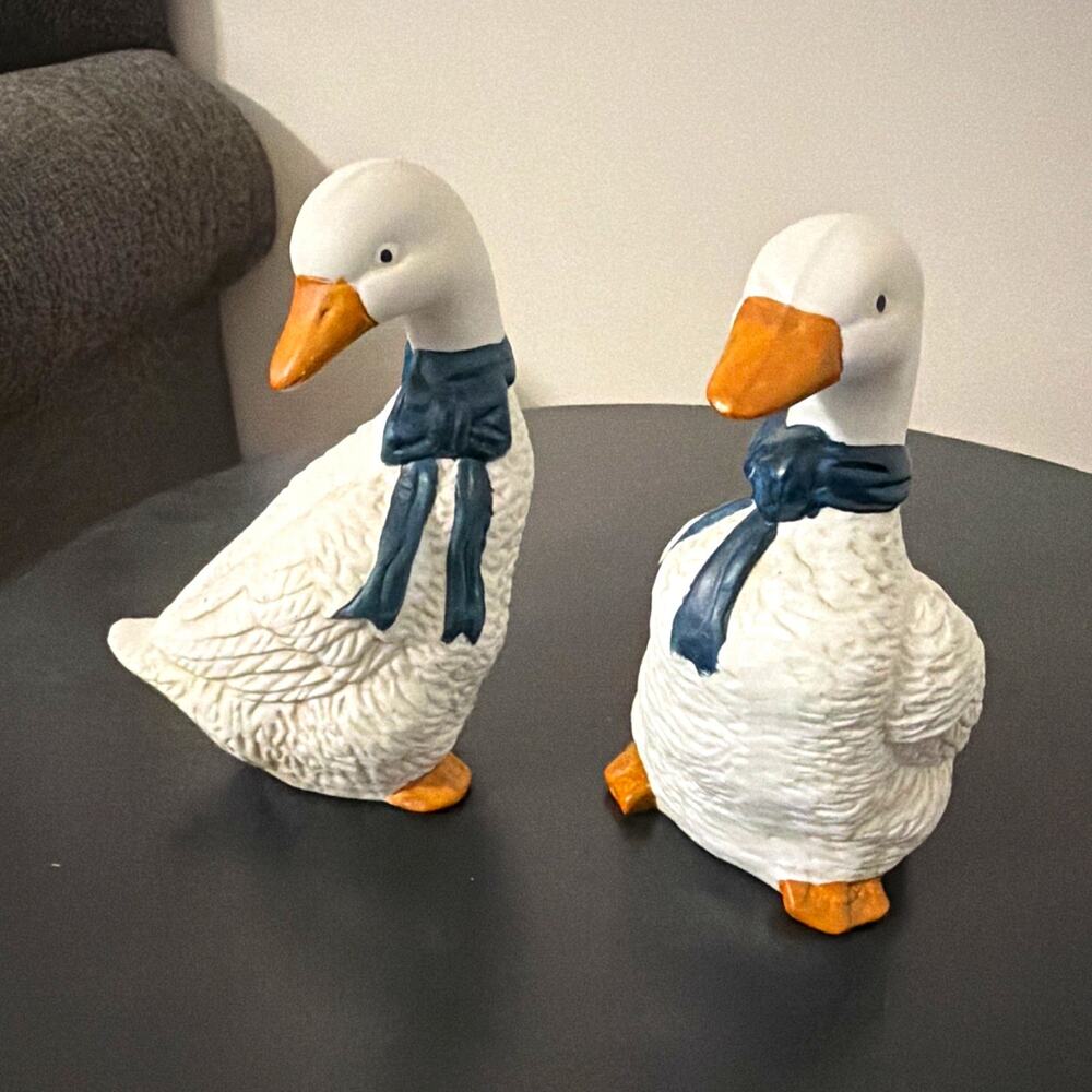 Ceramic Goose Figurines Set of 2 White Blue Orange Painted Textured Finish 6.5”